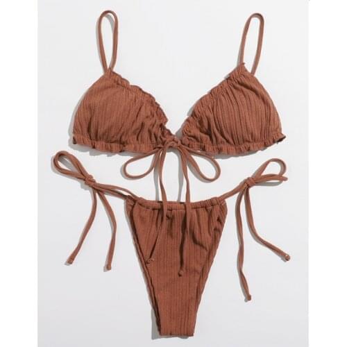 2021 Sexy Butterfly Print Ruffle Frilled Thong Bikini Swimwear Women Female Swimsuit Micro String Bikini set Bathing Suit