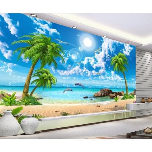 3D HD Beautiful Dreamy Seascape Coconut Tree Beach Landscape Painting TV Background seamless Wallpaper Mural