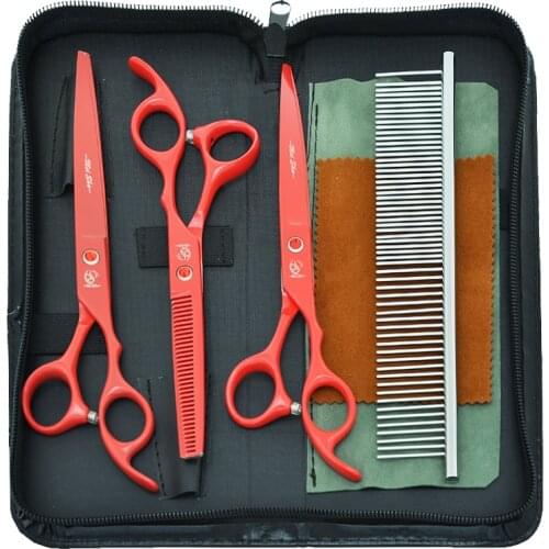 7.0" Japan 440C Pet Scissors Dog Grooming Scissors Set Straight Curved Animals Hair Cutting Tijeras 6.5" Thinning Shears B0029A