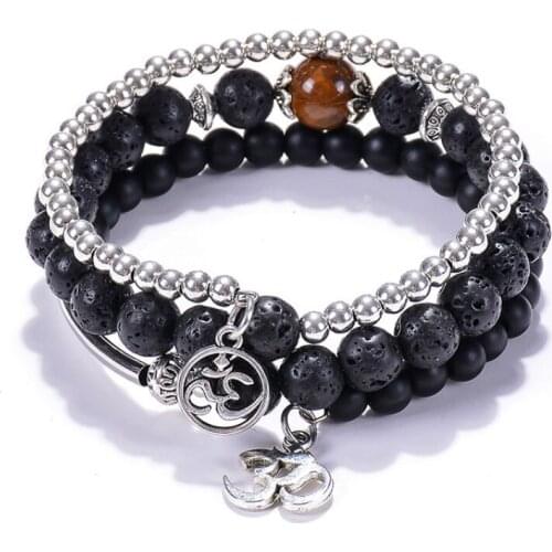 Energy Lava Rock Tiger Eye Stone Multi-layer Wrap Bracelet Women Men Prayer OM Yoga Chakra Bracelet