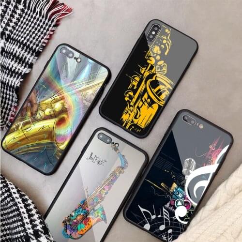 Luxury Tempered Glass Case For iPhone 11 Pro Max X XS MAX 8 7 6 5 Plus Musical instrument saxophone Phone Back Cover Case Shell