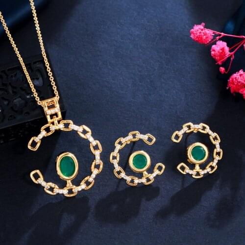 CWWZircons Chic Green Cubic Zirconia Crystal Round Pendant Necklace and Earrings Jewelry Set for Women Brazilian Gold Color T563