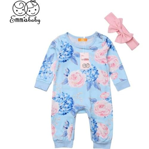 Baby Girls Floral Romper Newborn Infant Toddler Kids Autumn Long Sleeve Romper Bow Headband 2Pcs Princess Outfit Pajama Clothes