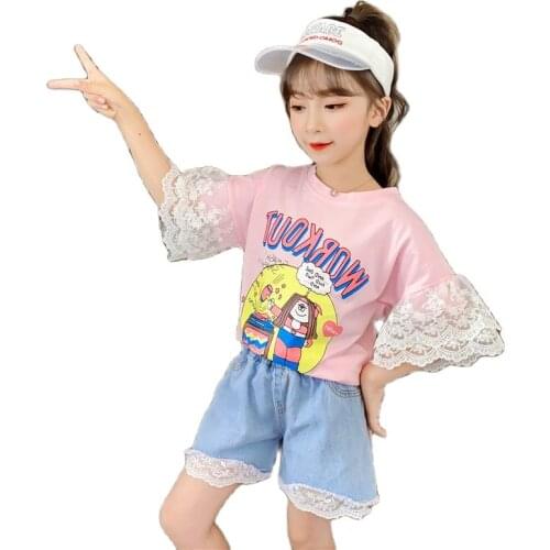 2020 Summer Kids 2PCS Clothes Set Teenage Girls Short Sleeve Casual T Shirt Top+Denim Lace Shorts Children Tracksuit Outfits 14Y