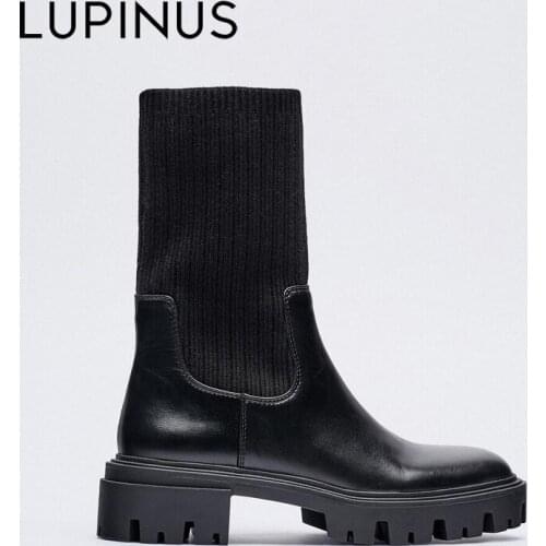 LUPINUS Fashion New Women Shoes Stretch Fabric Boots Women Black Groove Sole Chelsea Boots Women Black Stretch Sock Boots Woman