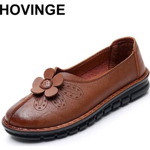 HOVINGEWoman Moccasins Summer Women Shoes Retro Style 2020 New Arrival Flower Mom Flats Female Genuine Leather Shoes