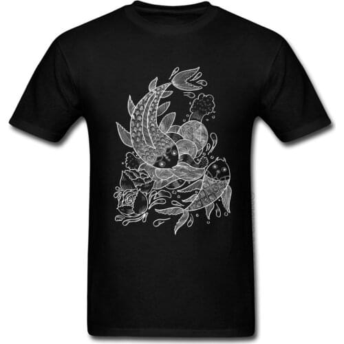Male Black Tees 100% Cotton Fabric Mens Short Sleeve The Koi Fishes T-shirts Comfortable Shirts Custom Wholesale Buyer Tshirts
