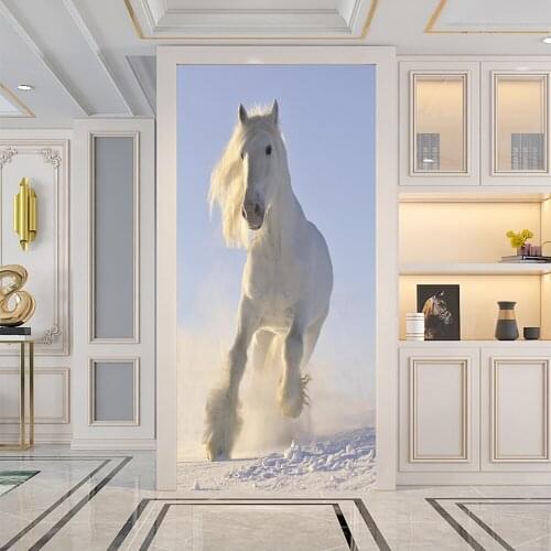 White Horse On The Snow DIY Door Stickers Home Decoration Wall Stickers Bedroom Porch Art Mural Peel & Stick Vinly Wall Paster