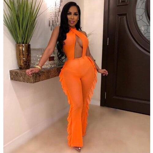 Neon Yellow Orange Beach Rompers Womens Jumpsuit with Shorts Halter Neck Backless Flare Bodysuit Summer Swimwear Ruffle Outfits