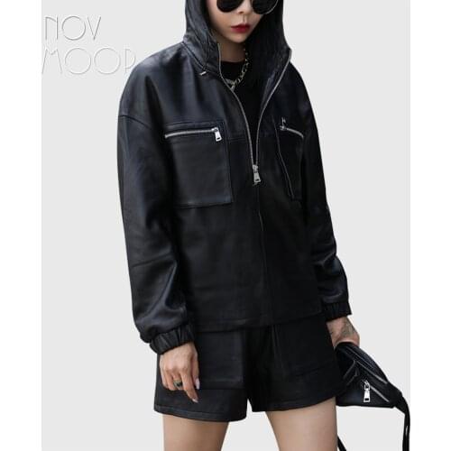 Novmoop genuine leather women bomber jacket casual sports style hooded Suéter de cuero LT3480