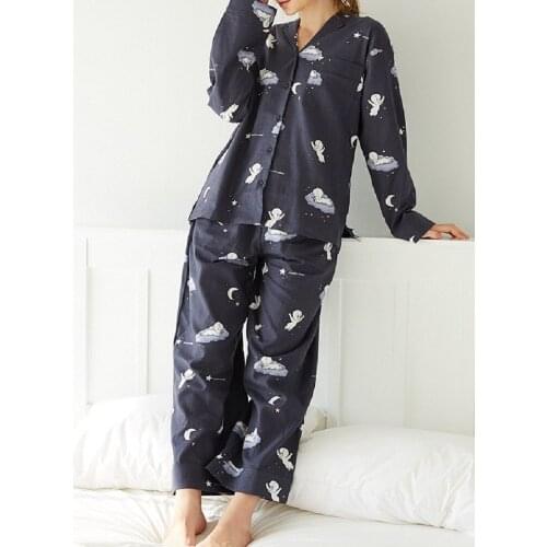 New ladies' simple cartoon printed cotton wool pajamas suit fashionable and comfortable long-sleeved trousers home service suit