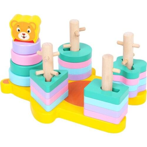 Educational Children Wooden Four Column Set Geometric Shape Matching Blocks Cognitive Building Stacker Intelligence Toys For Kid