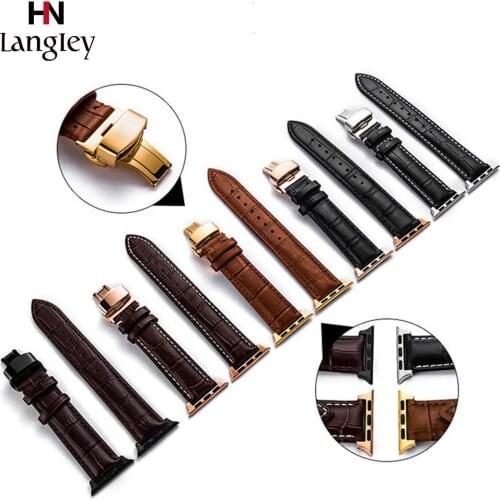 Genuine Leather Wristbands For Apple Watch 4 3 40mm 44mm iwatch 1 2 38mm 42mm Bracelet Straps Double press butterfly clasp