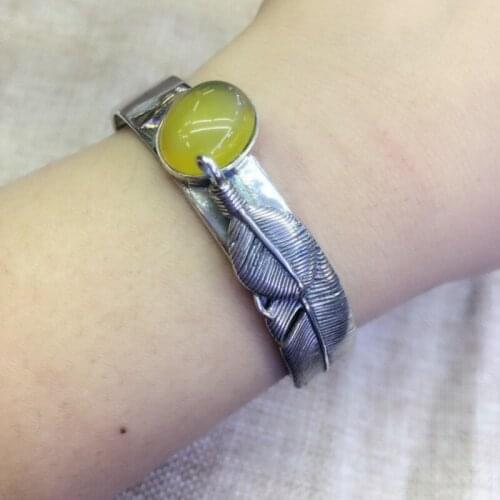 925 pure silver inlaid pure natural Topaz chalcedony open Bracelet retro fashion leaf Bracelet