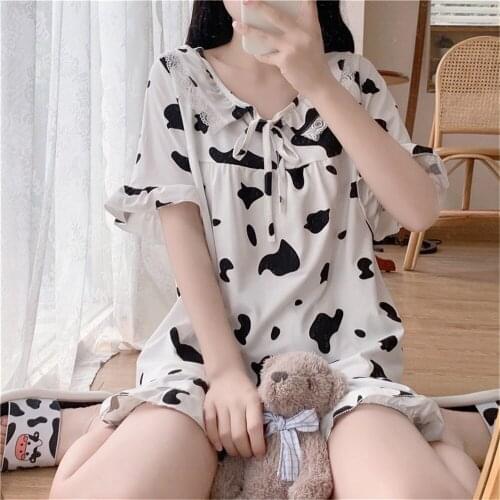 Two Piece Sexy Women Sets Sweet Cute Cows Pattern Pajamas Sets Summer Women Kawaii Princess Sleepwear Loose Ruffles Loungewear