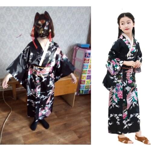 Girls Dresses Japanese Kimono Yukata National Japan Kimono Traditional Dress Satin Silk Oriental Bath Robe with Obi Performance