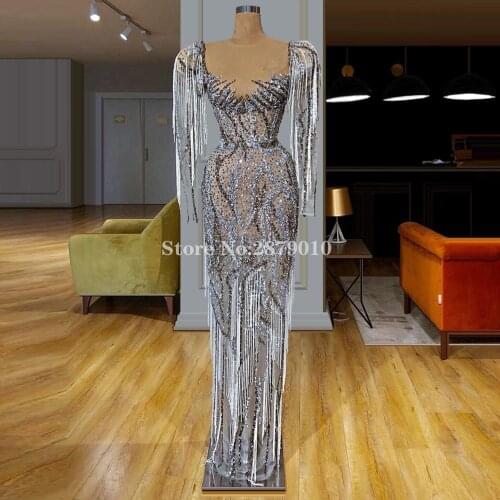 African Luxury Sparkly Long Sleeves Evening Dress Sheath Full-Length Bling Sequins Beading Prom Dress Formal Dress 2020 Dubai
