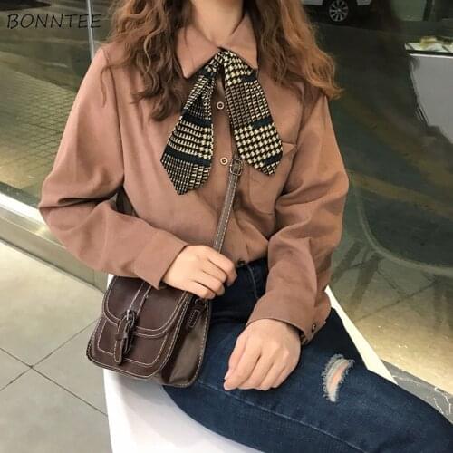 Shirts Women Spring 2020 Students Korean Chic Turn-Down Collar Womens Pocket Single Breasted Female Solid Slim Tie Elegant Daily