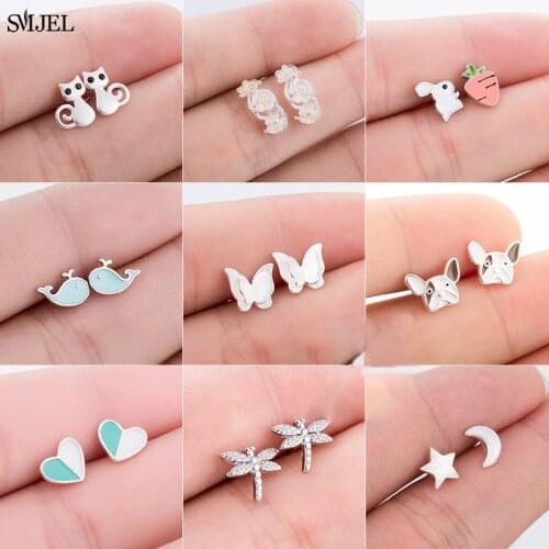 Lovely Black Eye Cat Earrings for Women Korean Silver Whale Heart Dragonfly Butterfly Dog Earring Silver Color Jewelry Christmas
