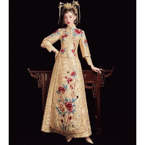 Gold Embroidery Chinese Traditional Dress Wedding Long Cheongsam Bridal Bride Dragon Phoenix Vintage Women китайская одежда