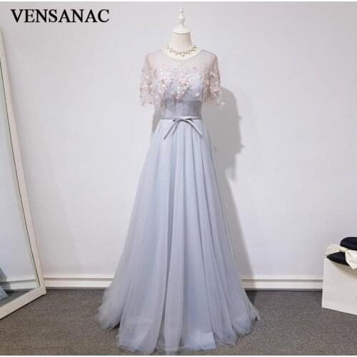 VENSANAC Sheer O Neck 2018 Flowers Appliques Long Evening Dresses Party A Line Lace Short Sleeve Bow Sash Prom Gowns