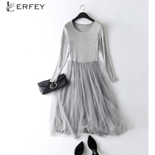 LERFEY Spring Autumn Women Dress Patchwork Mesh Dresses Elegant Long Sleeve Lace Gauze Casual Dress Basic Sundress Vestidos