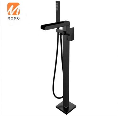 Waterfall Tub Filler Freestanding Bathtub Faucet Black Floor Mount Brass Single Handle Bathroom Faucets with Hand Shower
