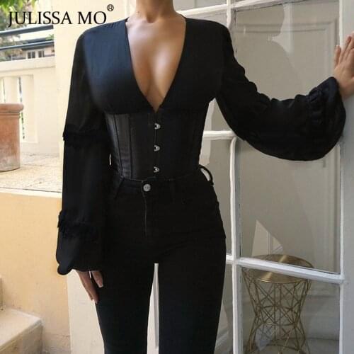 JULISSA MO White Chiffon V Neck Blouse Shirt Women Sexy Back Bandage Slim Shirt French Vintage Lantern Sleeve Ladies Blusas Tops