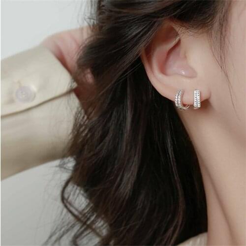 Prevent allergy 925 Sterling Silver Double Row Crystal Stud Earrings For Women Wedding Party Jewelry Pendientes Brincos eh313