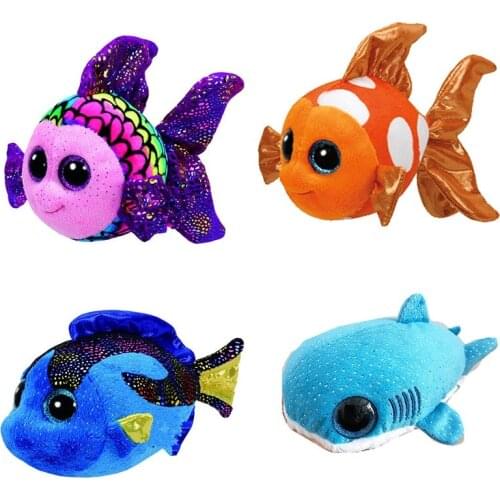 15CM Ty Beanie Big Eyes Stuffed Animal Plush Fish Series Crab Whale Goldfish Shark Swordfish Doll Clown Fish Child Birthday Gift