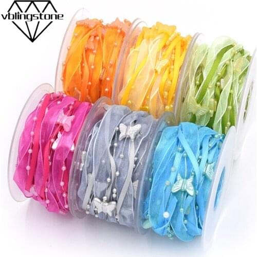 5m/Roll 10mm Ribbon Multicolor Decorative Ribbon Wth Butterfly Bead Christmas/Party/Wedding Decoration DIY Flower Gift Packing