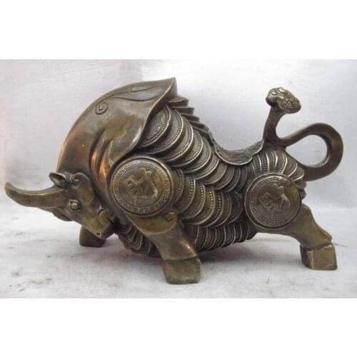 7" Chinese Royal Copper Bronze RuYi Sculpture Wealth Coin Bull Ox Statue