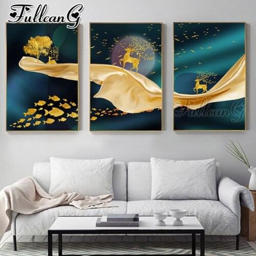 FULLCANG 5d diy diamond embroidery sale golden line scenery fish deer painting triptych full square round drill decor FC3456