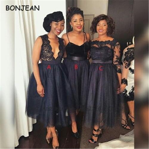 Black Bridesmaid Dresses Mermaid 2021 African V Neck Satin Bridesmaid Dress Tea Length for Women Wedding