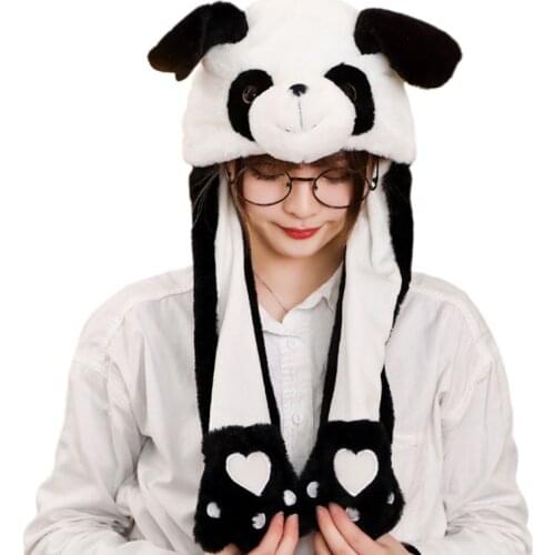 Children Adult Short Plush Cute 3D Cartoon Panda Animal Hat with Moving Ears Double Airbag Paws Warm Earflap Cap Toy Party Props