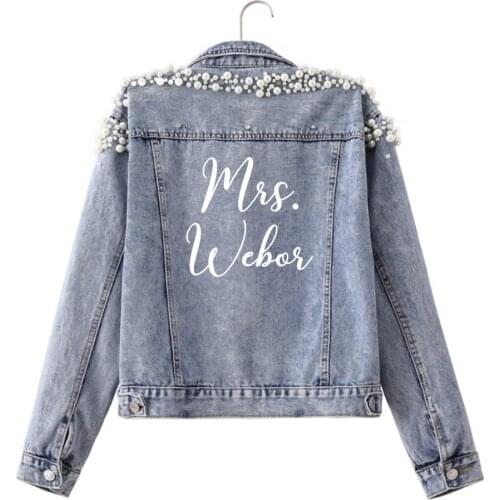 Custom Pearl Denim Jacket Mrs Custom Jacket for Bride Wedding Babe Jacket Bridesmaid Denim Jacket Bridal Party Wifey Jacket