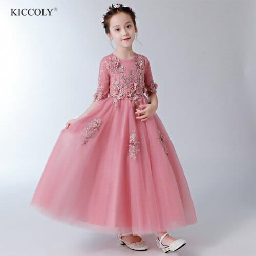 Elegant Beaded Appliques Flower Girl Dress Party Pageant Gown Half Sleeve Princess Wedding Dress Kids First Communion Dresses