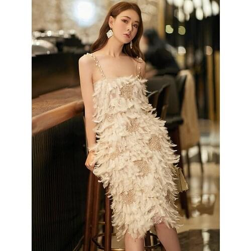 European Summer New Temperament Heavy Industry Dress Skirt Luxury Light Luxury Niche Feather Tassel Dresses Women Fashion 2021