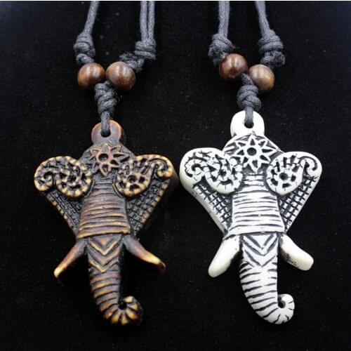 Imitation Yak Bone Carved Tribal Lucky Elephant Charms Pendant Necklace Adjustable Rope Wax Cord