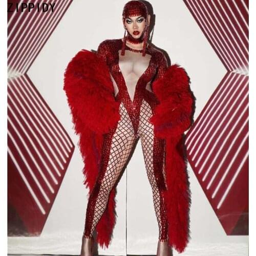 Red Rhinestone Sequins Spandex Jumpsuit Cloak Women Dancer Costume Bar Evening Wear Birthday Celebrate Outfit Set