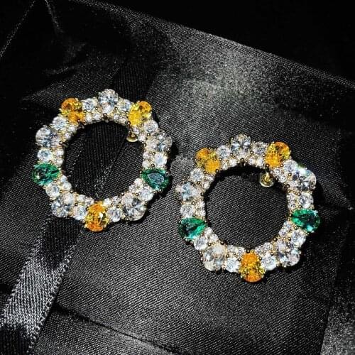 Fashion Exaggeration Round Stud Earrings With Shiny Colorful Zircon Minimalism Gold Jewelry For Women Wedding Birthday Gift