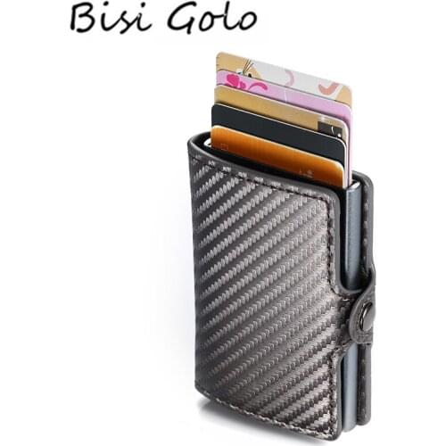 BISI GORO RFID Men Business Button Wallet New Male Coin Purse ID Holder with Zipper Top Quality Carbon Fiber Credit Card Holder