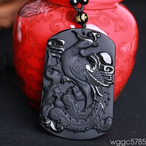 Free shipping 100% Natural Obsidian Hand Carved Phoenix Lucky Amulet Pendant Necklace
