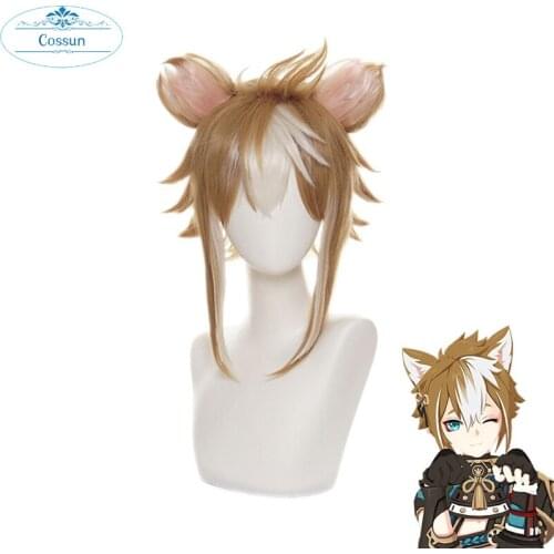 Gorou Cosplay Wig Game Genshin Impact Gorou Short Brown White Wig with Ears Synthetic Hair Heat Resistant Halloween Role Play