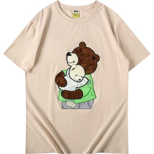 Casual Khaki Men T-Shirt Drop Shoulder Loose Male Summer T shirt Streetwear Oversized T-shirt Cotton Pure Tees Embroidery Bear