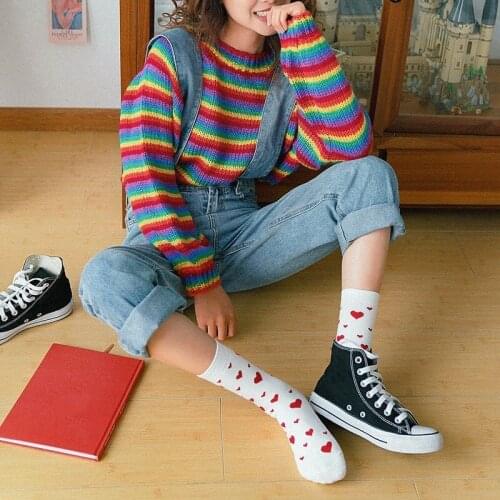 Clearance Sale Cotton Womens Socks Harajuku Vintage Streetwear Socks Heart Print Japanese Kawaii Hip Hop Skateboard Long Socks