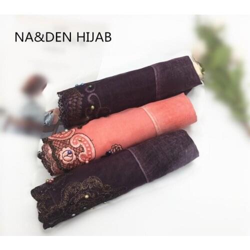 Luxury flower lace patchwork with viscose plain solid scarf lace floral edges pearls shawl muslim women hijabs wraps 10 pcs