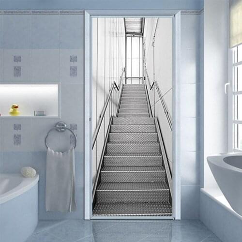 Steel Stairs Wallpaper 3D Door Sticker For Kitchen Bedroom Decorating PVC Waterproof Poster Home Design Decor Mural Wall Decals