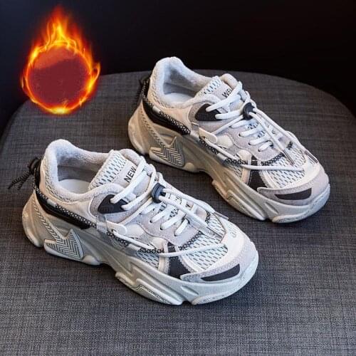 Womens Vulcanized Shoes With Plush Lace-Up Patchwork Shallow Female Daddy Shoe Thick Bottom Couples Casual Sports Footwear New