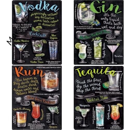 Cocktail Time Vintage Metal Tin Sign, Gin Tin Sign, Tequila Metal Sign, Rum Recipe Poster, Vodka Tonic Plaque, Bar Decoration